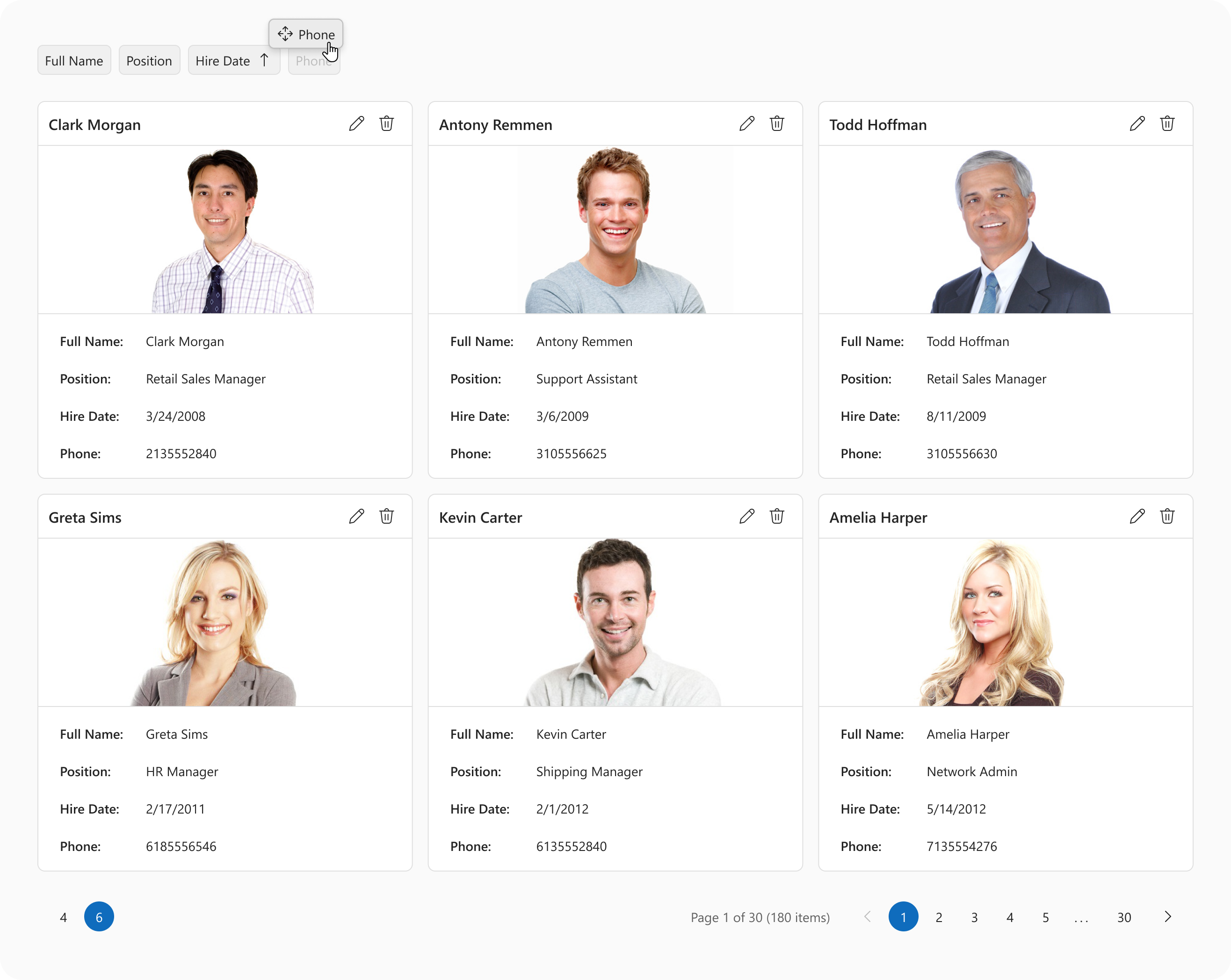 DevExtreme CardView component: cards with employees