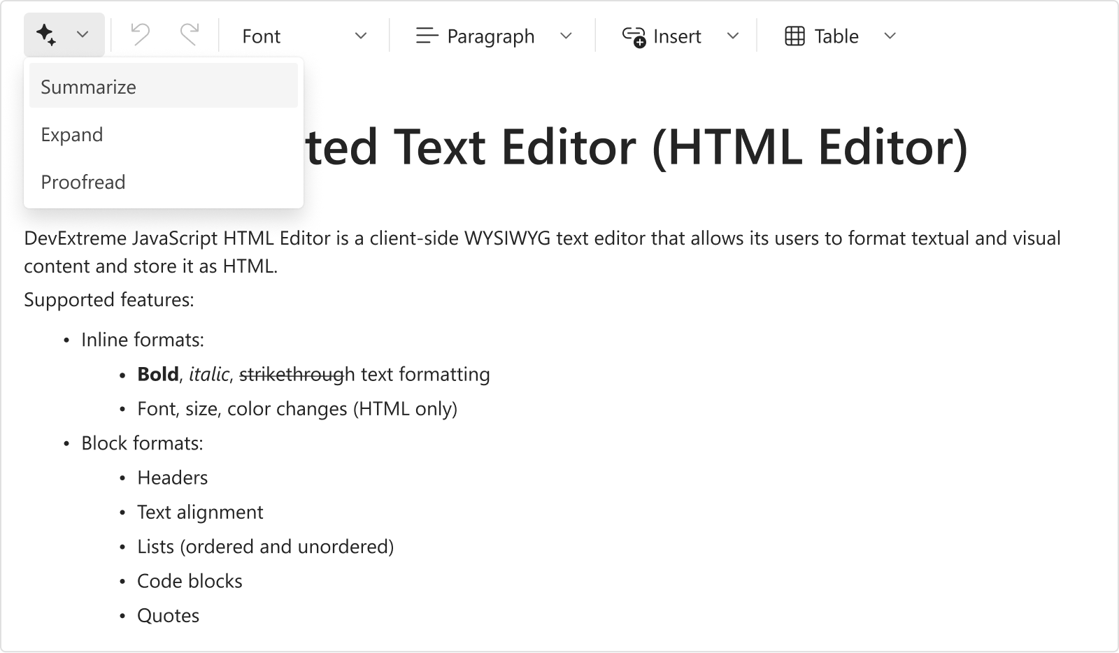 DevExtreme HTML Editor with built-in AI commands