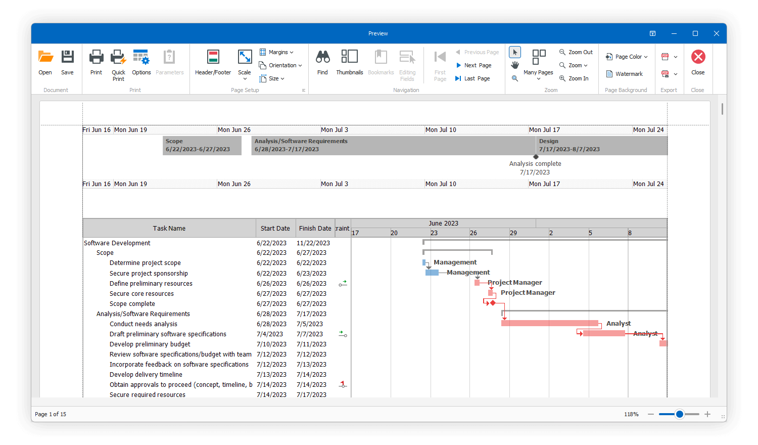 Print and Export Timeline — WinForms Gantt Control, DevExpress