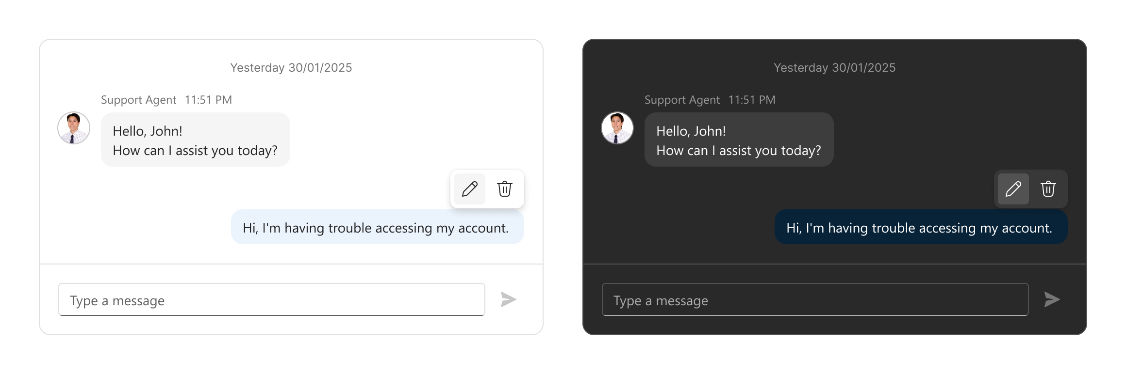 DevExtreme Chat: edit and delete icons above a message